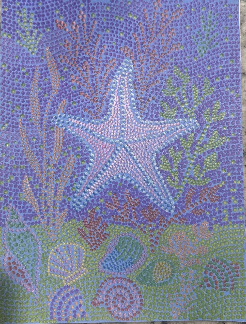 Starfish and Coral Underwater Scene Pointillism Dot Art Print